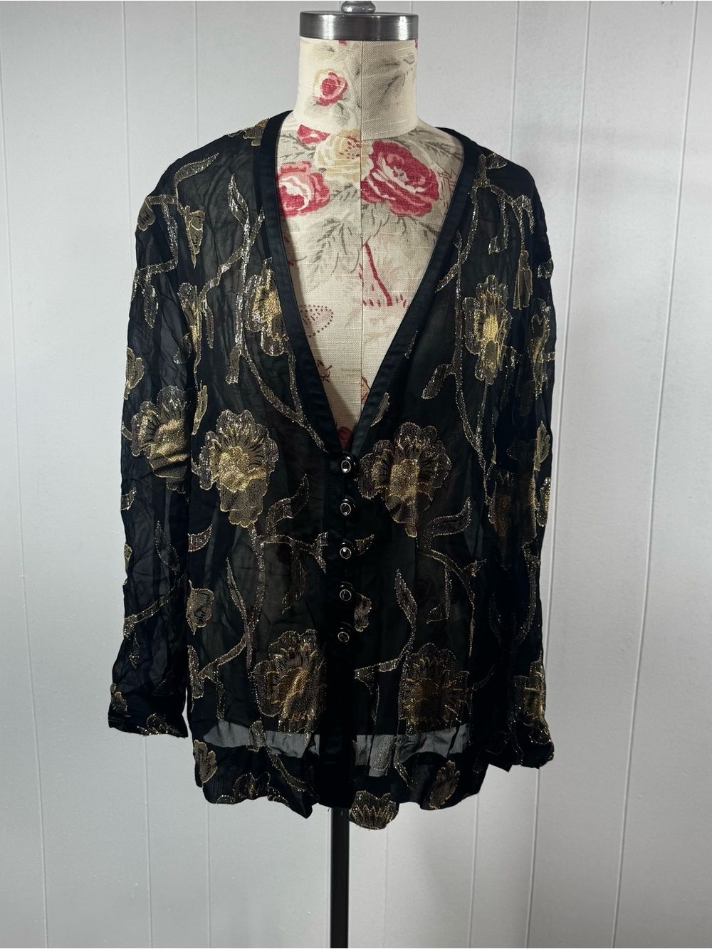 Delmod Black and Gold Floral sheer open front top